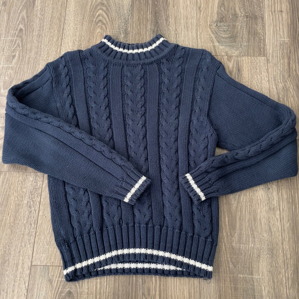 Lizsport Petites Navy Blue Cable Knit Cotton Sweater White Stripe Mock Neck S